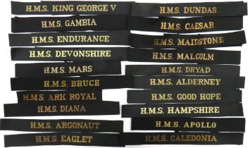 20 x WW2 Pattern Royal Navy Cap Tallies including HMS King George V ... HMS Gambia ... HMS Endurance