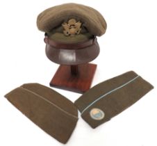 Three WW2 American Caps consisting service dress cap with woollen khaki crown and body.  Green