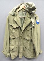 WW2 American M43 Combat Jacket And Hood green cotton, single breasted, closed collar jacket.  Bag