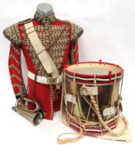 Grenadier Guards Bandsman Uniform And Drum consisting scarlet, single breasted tunic.  High collar