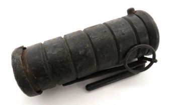 Austrian WW1 Inert Canister Hand Grenade cast iron, ribbed canister body.  Top with spring loaded,