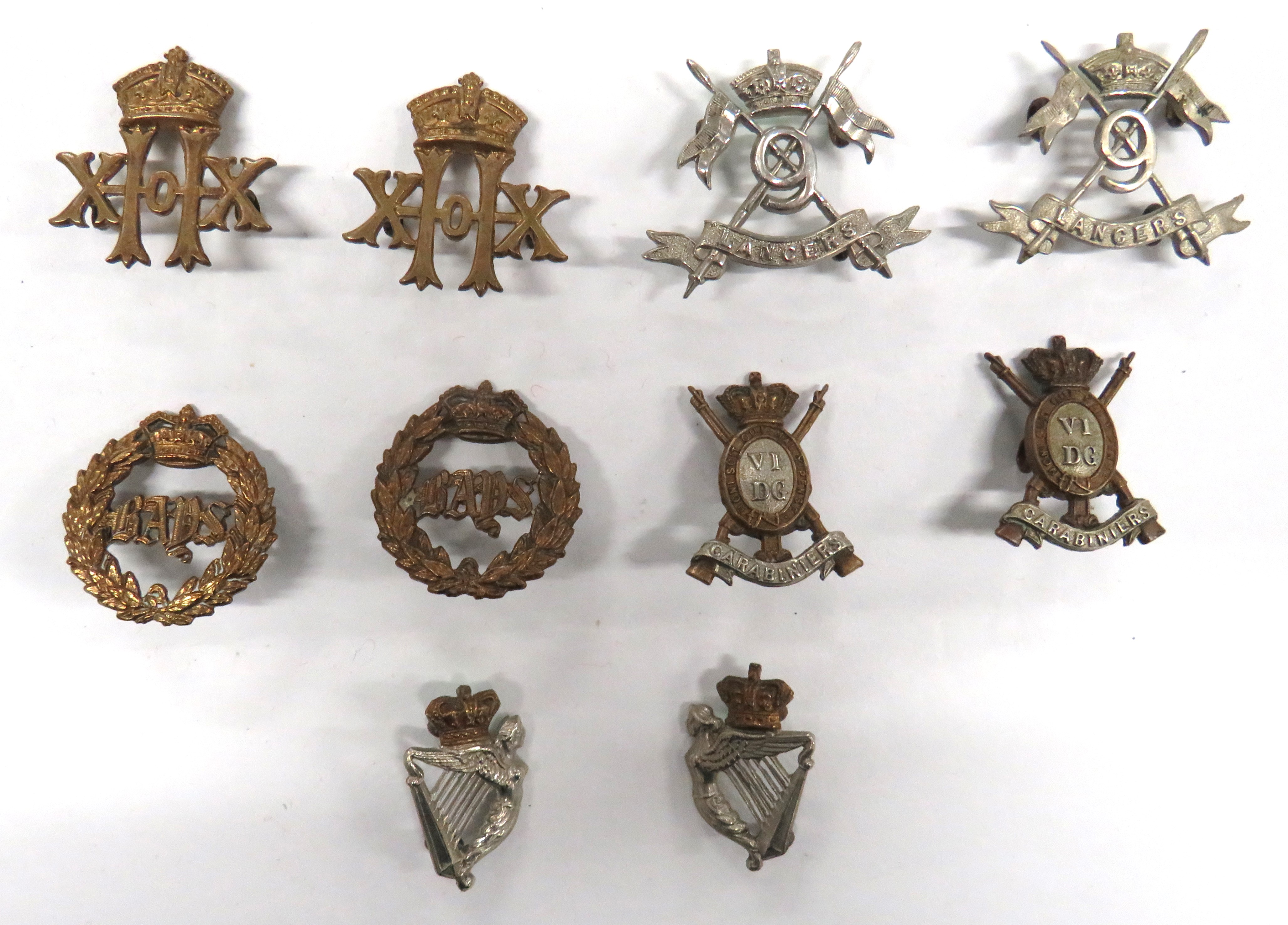 10 x Victorian/Edwardian Cavalry Collar Badges consisting pair brass Tudor crown 20th Hussars ...