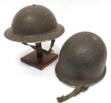 WW2 British Steel Helmet And American Shell khaki green painted crown.  Black treated liner with