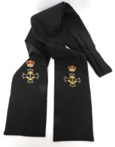 Post 1953 Royal Navy Chaplain's Stole Scarf long black scarf.  Both ends with embroidery QC, cross