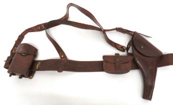 WW1 Period Officer's Double Brace Sam Browne Holster & Torch Set consisting brown leather Sam Browne