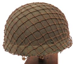 British WW2 1st Pattern Fibre Rimmed Airborne Steel Helmet khaki, rough texture crown.  Lower