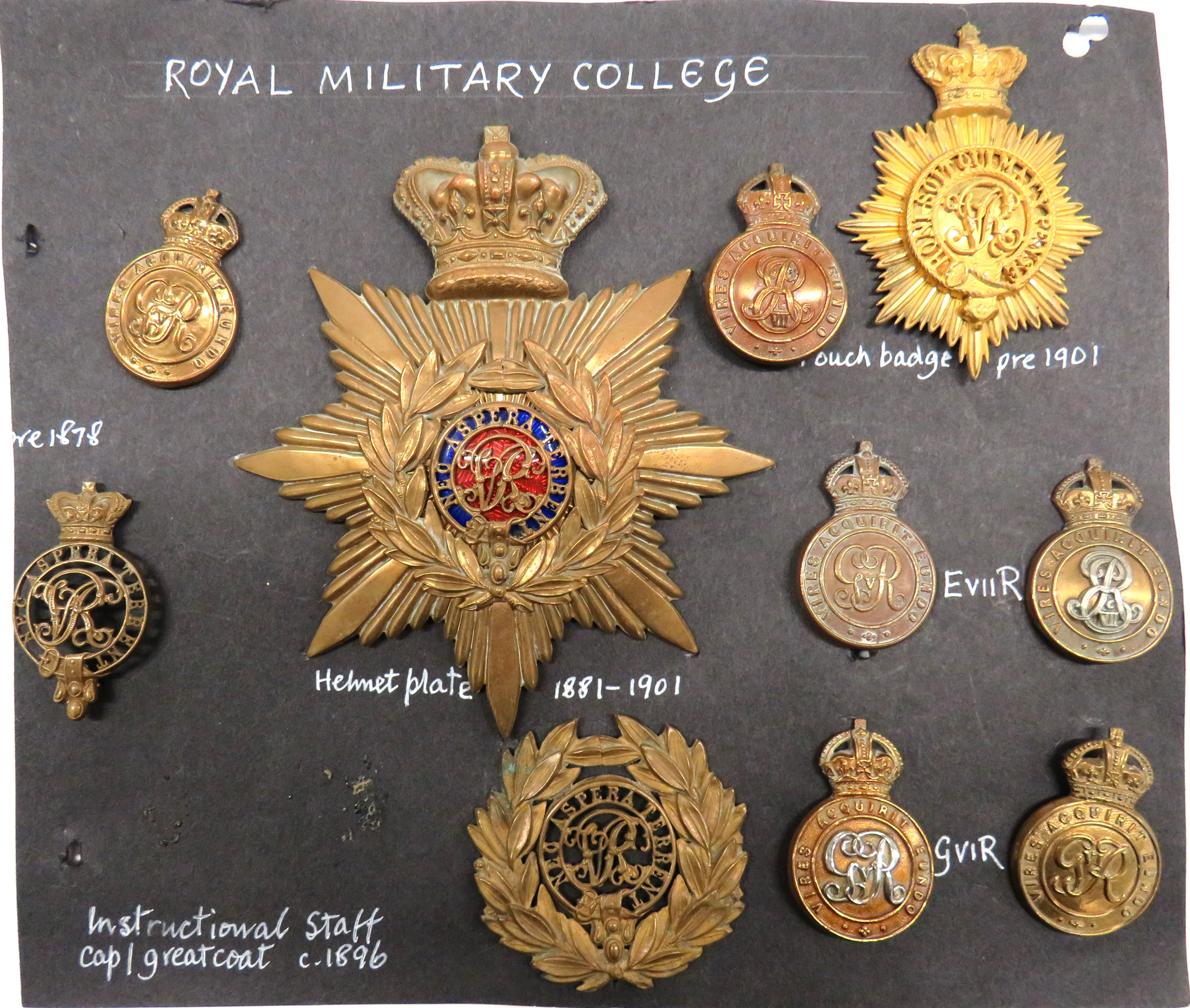 Royal Military College Badges consisting brass and enamel, Vic crown helmet plate 1881-1901 ...