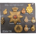 Royal Military College Badges consisting brass and enamel, Vic crown helmet plate 1881-1901 ...