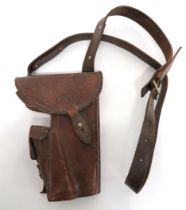 WW1 Period Austrian M1912 Steyr Pistol Holster brown leather holster with side fitted pouch and
