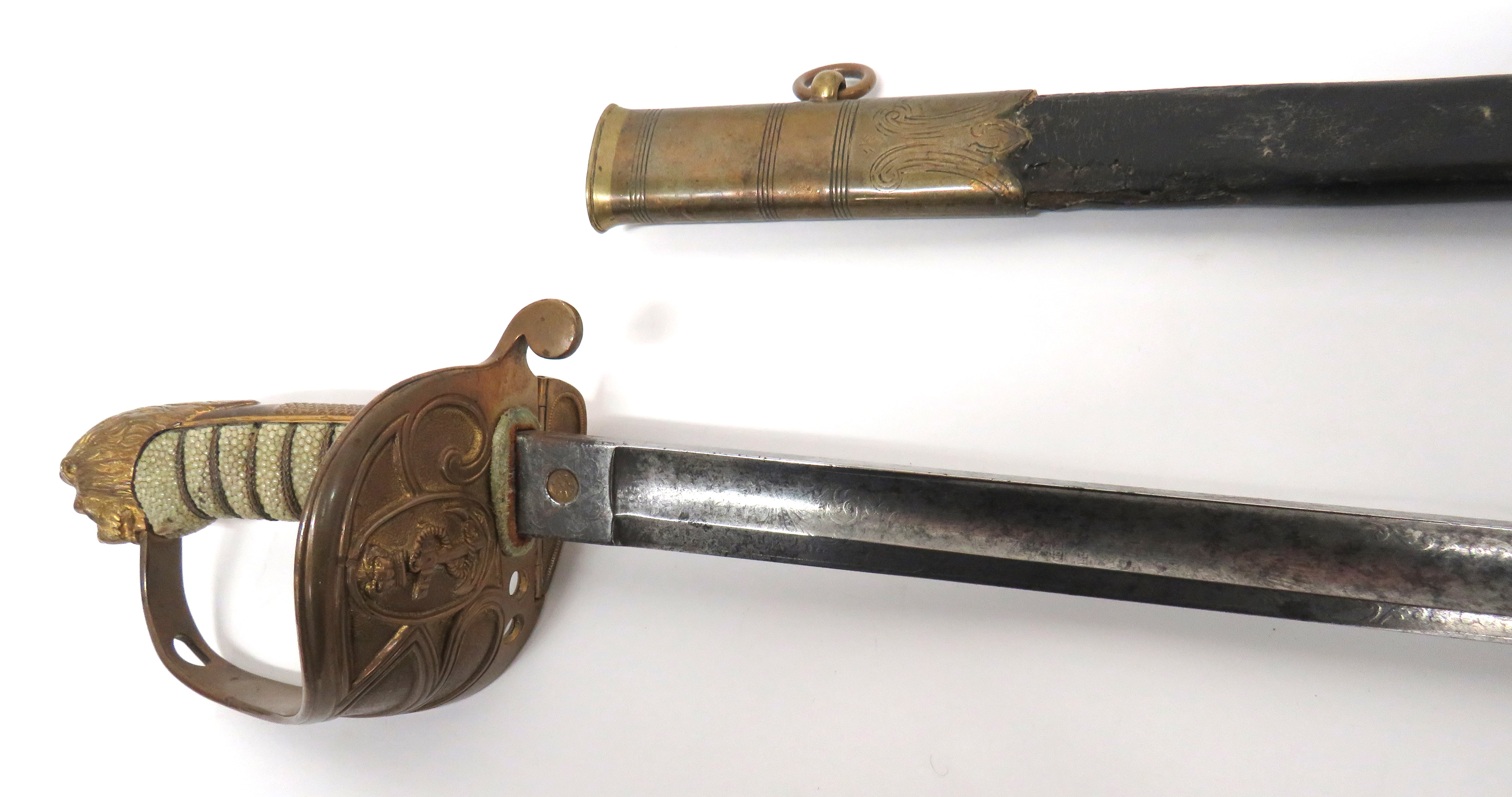 1827 Pattern Victorian Royal Navy Officer's Sword 31 1/2 inch, single edged blade with wide fuller. - Image 2 of 2