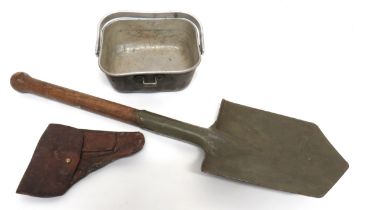 WW1 Austrian Entrenching Tool And Mess Tin green painted head with top securing mount.  Wooden