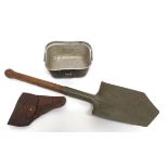 WW1 Austrian Entrenching Tool And Mess Tin green painted head with top securing mount.  Wooden