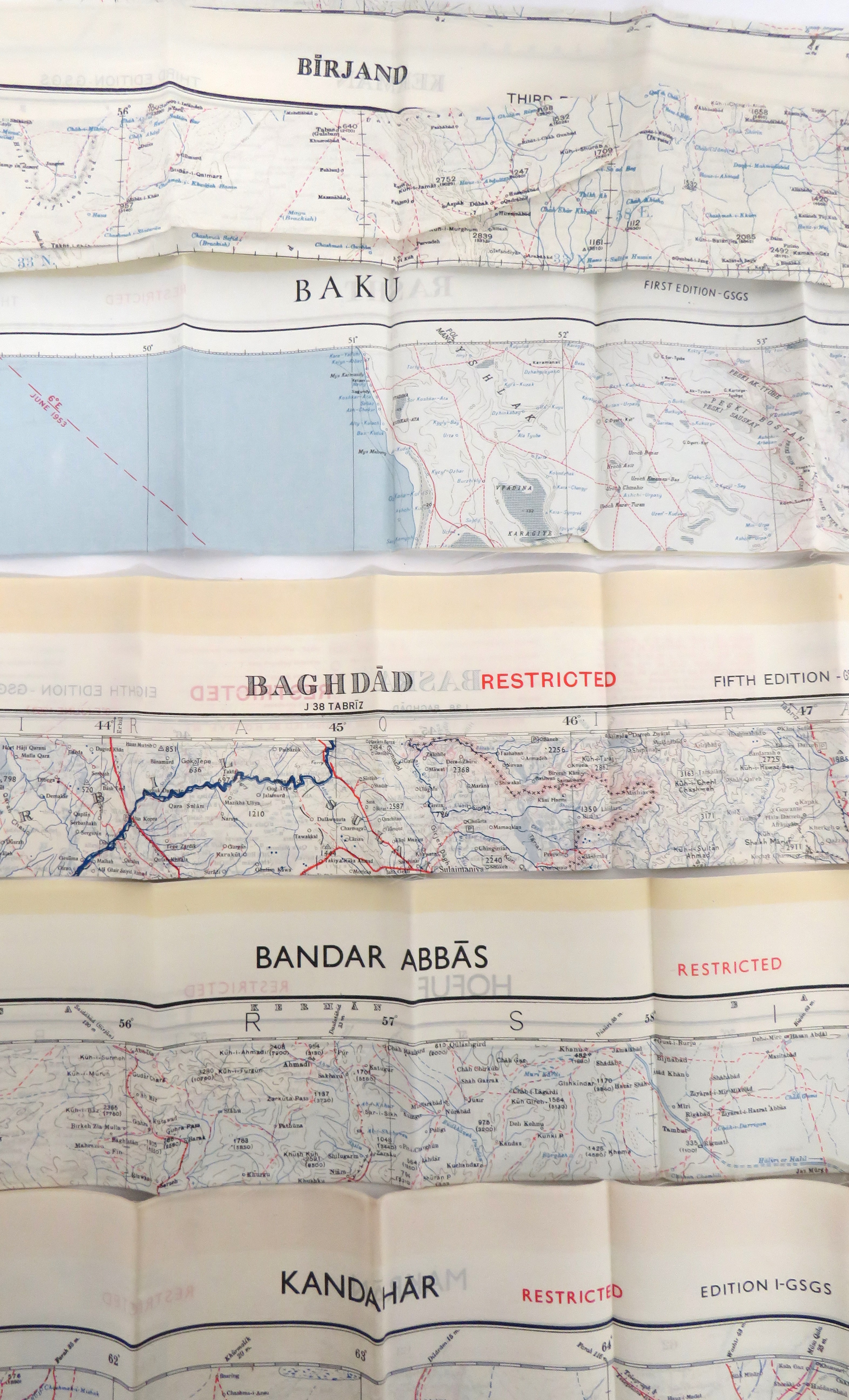 Six Cold War Silk Maps colour printed silk maps covering Baghdad ... Bandar-Abbas ... Birjano ... - Image 2 of 2
