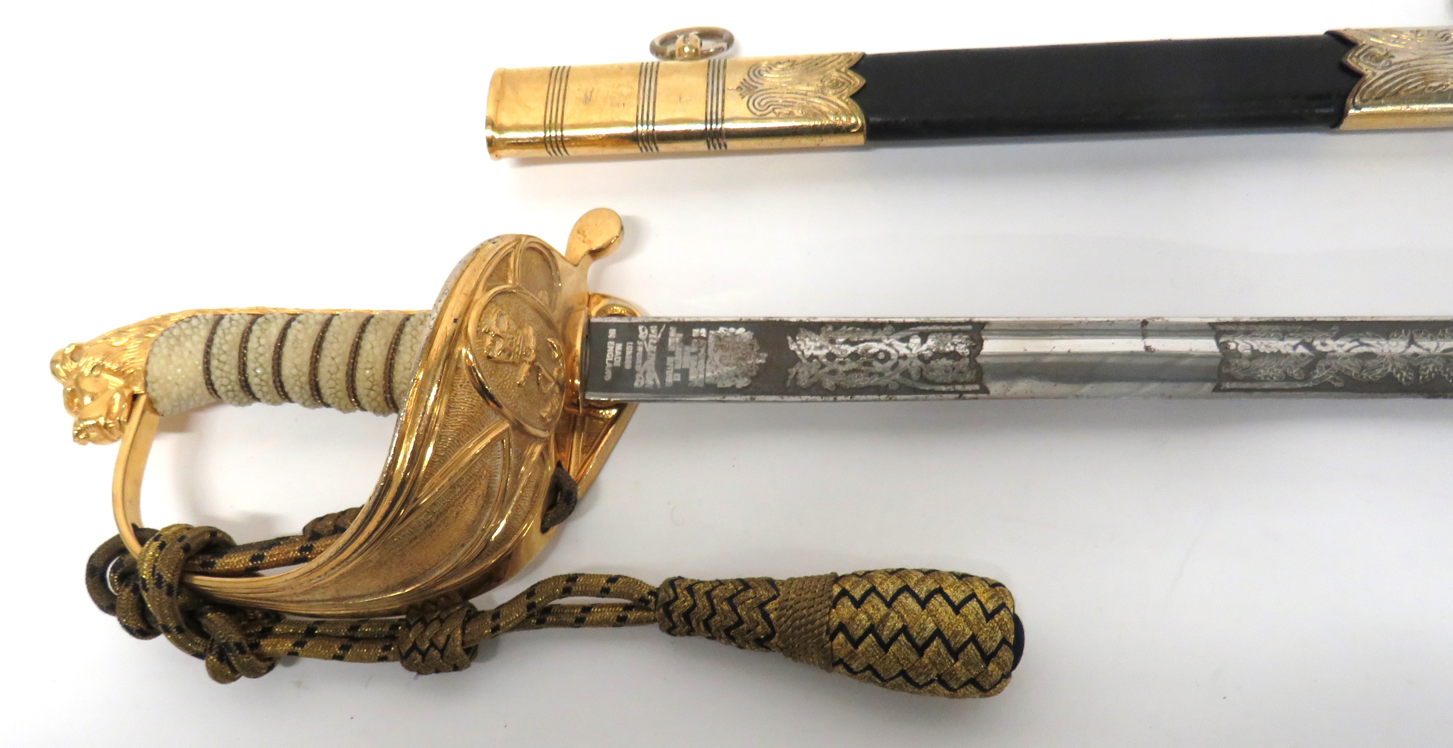 Elizabeth II Royal Navy Officer's Sword By Wilkinson 30 3/4 inch, single edged blade with fuller. - Image 2 of 4