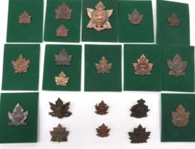 20 x Canadian WW1 Overseas Battalion Cap & Collar Badges darkened maple leaf example badges