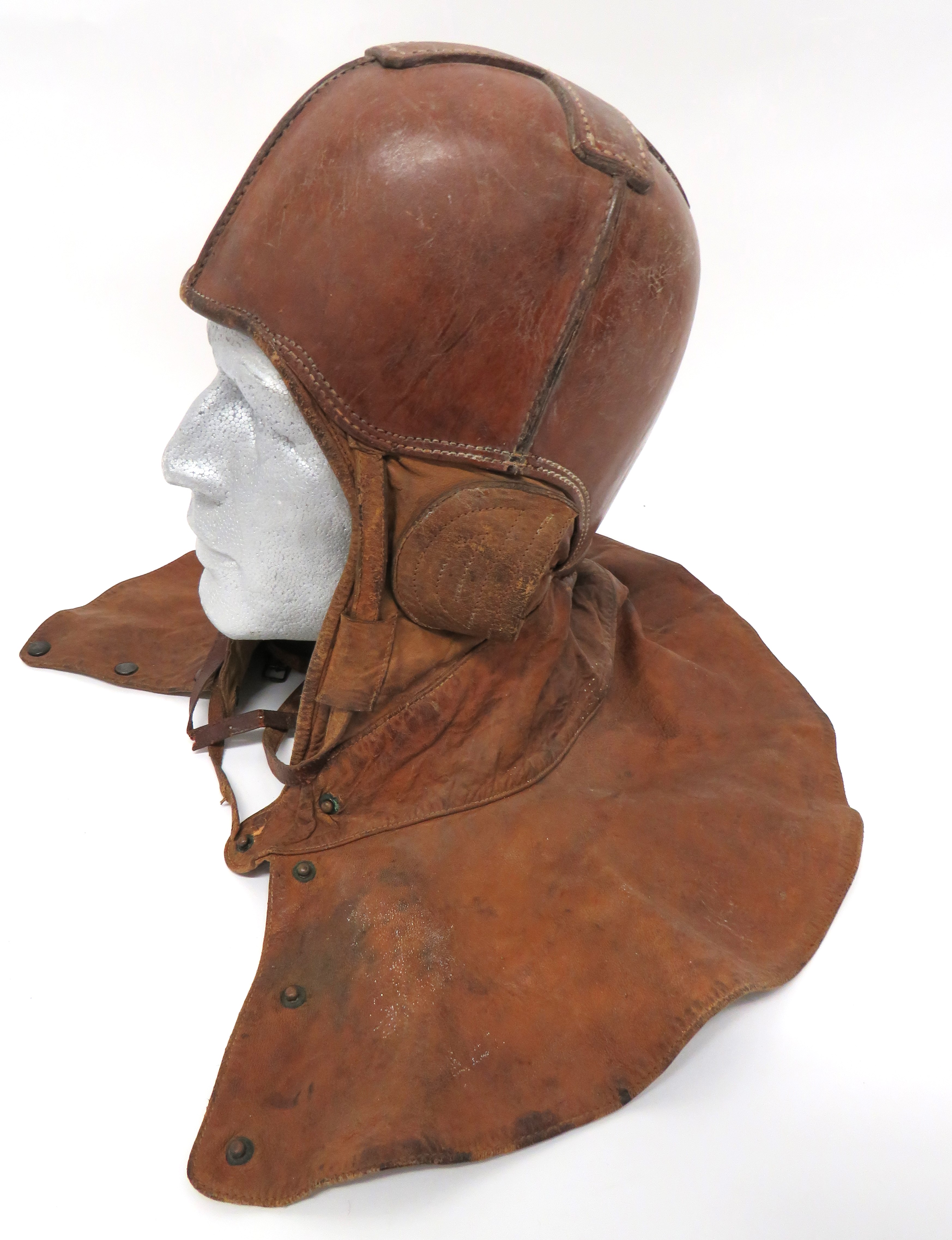 WW1 American Balloon Airship Protective Flying Helmet brown, hard leather, four panel crown.  Soft - Image 3 of 4