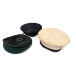 WW2 Green Beret And Two Sailor Caps consisting green woollen beret.  Large side vent holes.  Lower