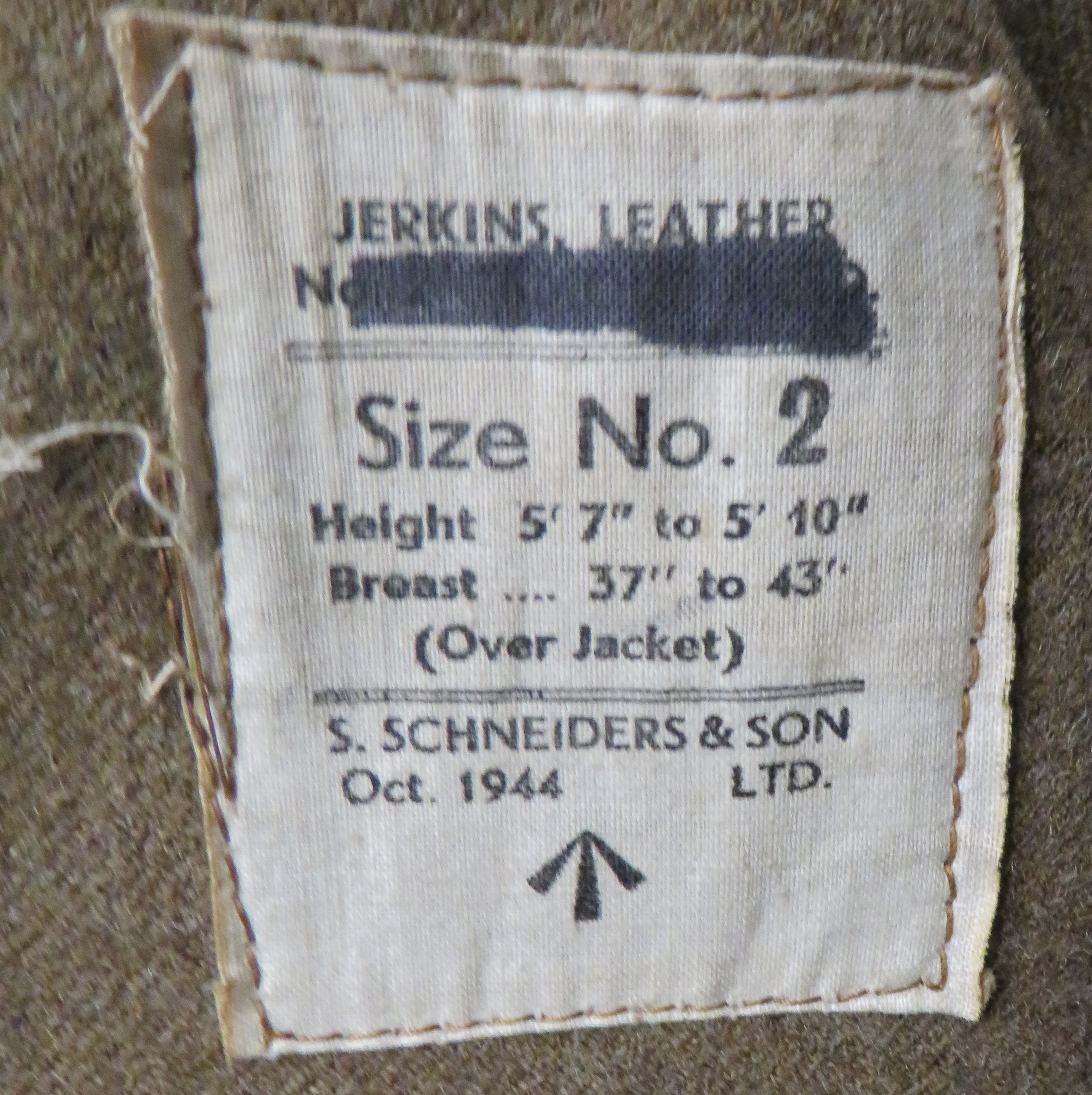 WW2 Dated Leather Jerkin brown leather, multi panel, sleeveless jerkin.  The front fastened by - Image 2 of 2