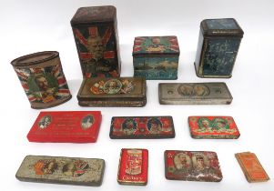 13 x WW1 And Coronation Tins including patriotic examples ... Burnsville Cocoa match tin ... King