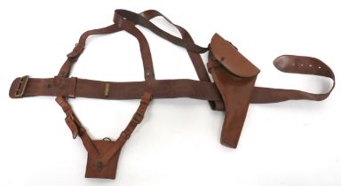 WW1 Pattern Sam Browne Belt And Holster brown leather belt with brass buckle and fittings.  Pair