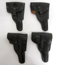 4 x Post War German Pattern P38 Auto Pistol Holsters black leather holsters.  Top flap secured by
