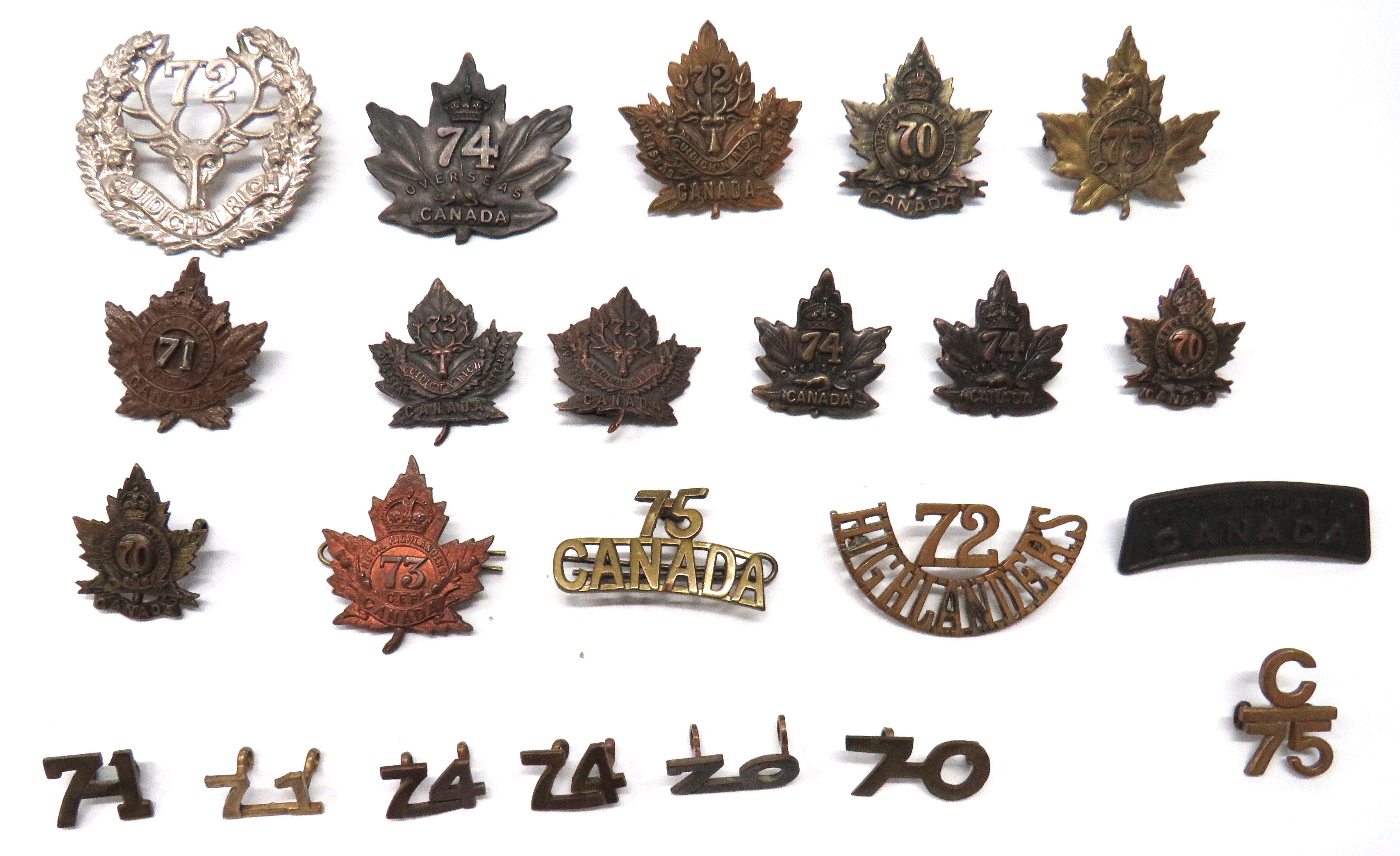 23 x Canadian WW1 Overseas Battalion Cap, Collars And Titles cap consist  darkened KC 70 Batt ...