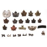 23 x Canadian WW1 Overseas Battalion Cap, Collars And Titles cap consist  darkened KC 70 Batt ...