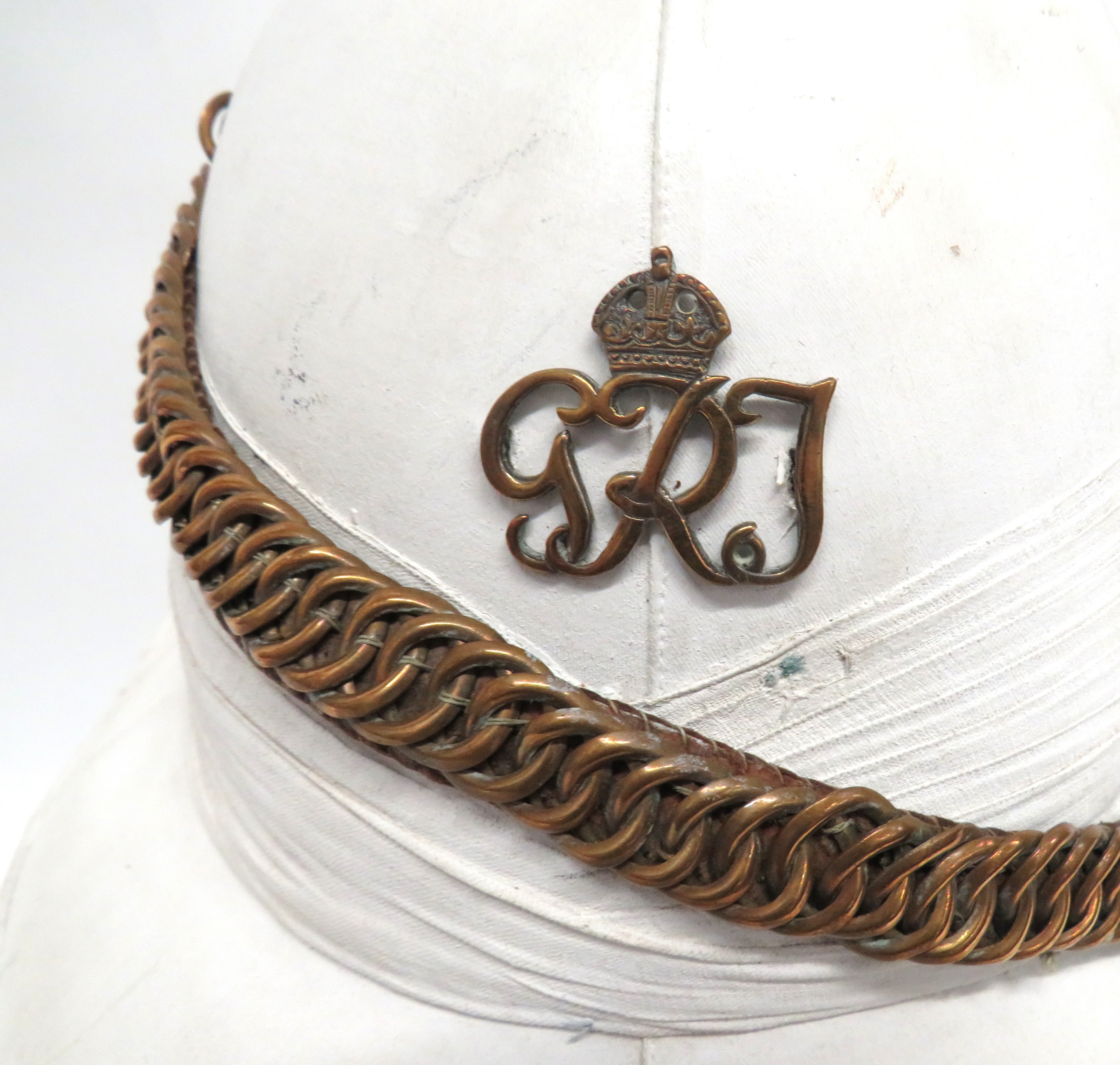 Early 20th Century Indian Solar Topee Pith Helmet white blancoed, six panel crown, pointed front - Image 2 of 3