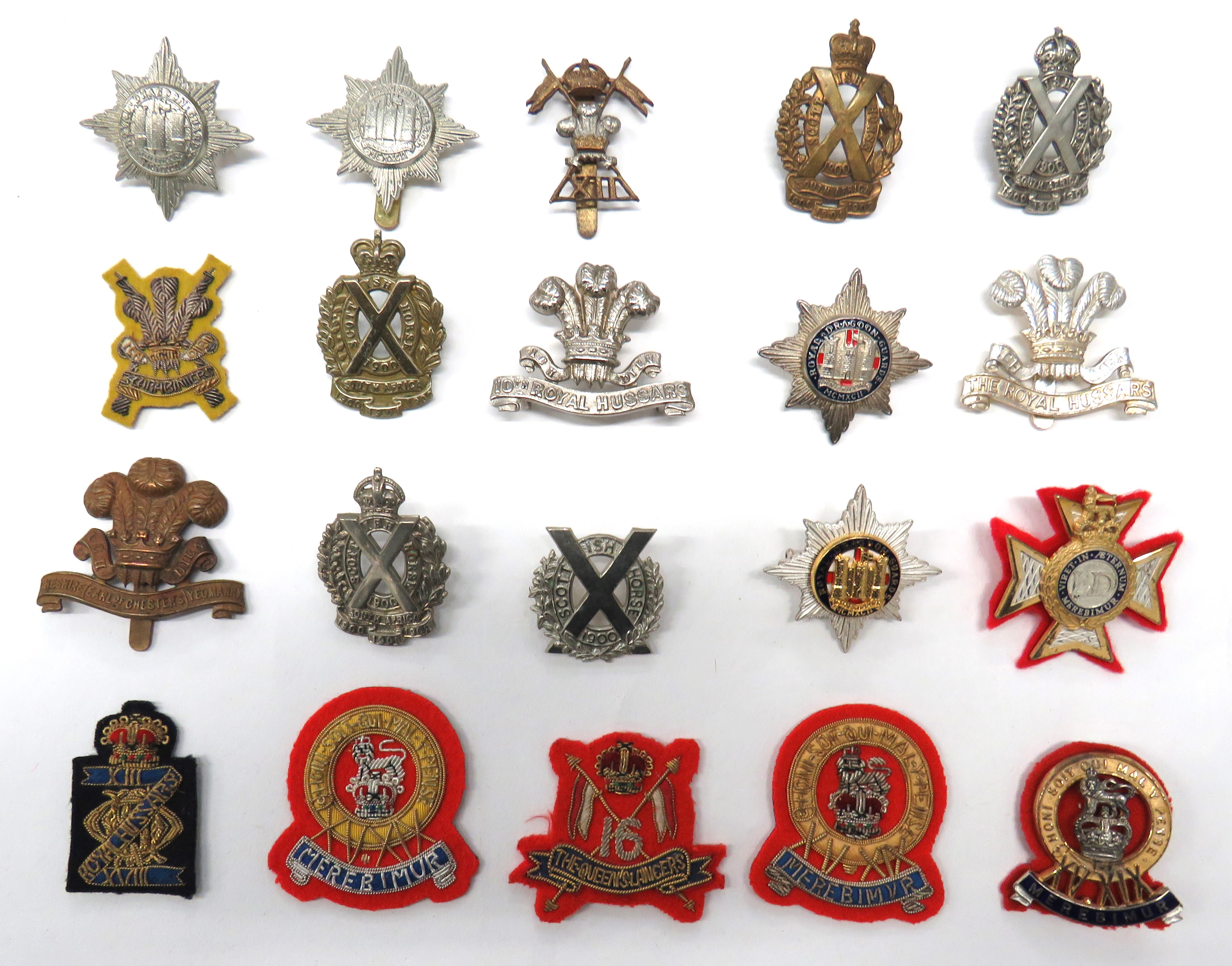 20 x Cavalry And Yeomanry Cap Badges including bi-metal KC 12th Lancers ... Silvered and gilt QC