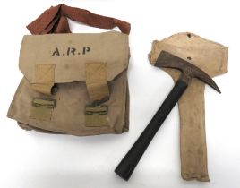 WW2 AFS/ARP Fire Axe In Transit Bag steel head with rear spike.  Head stamped with maker.  Black