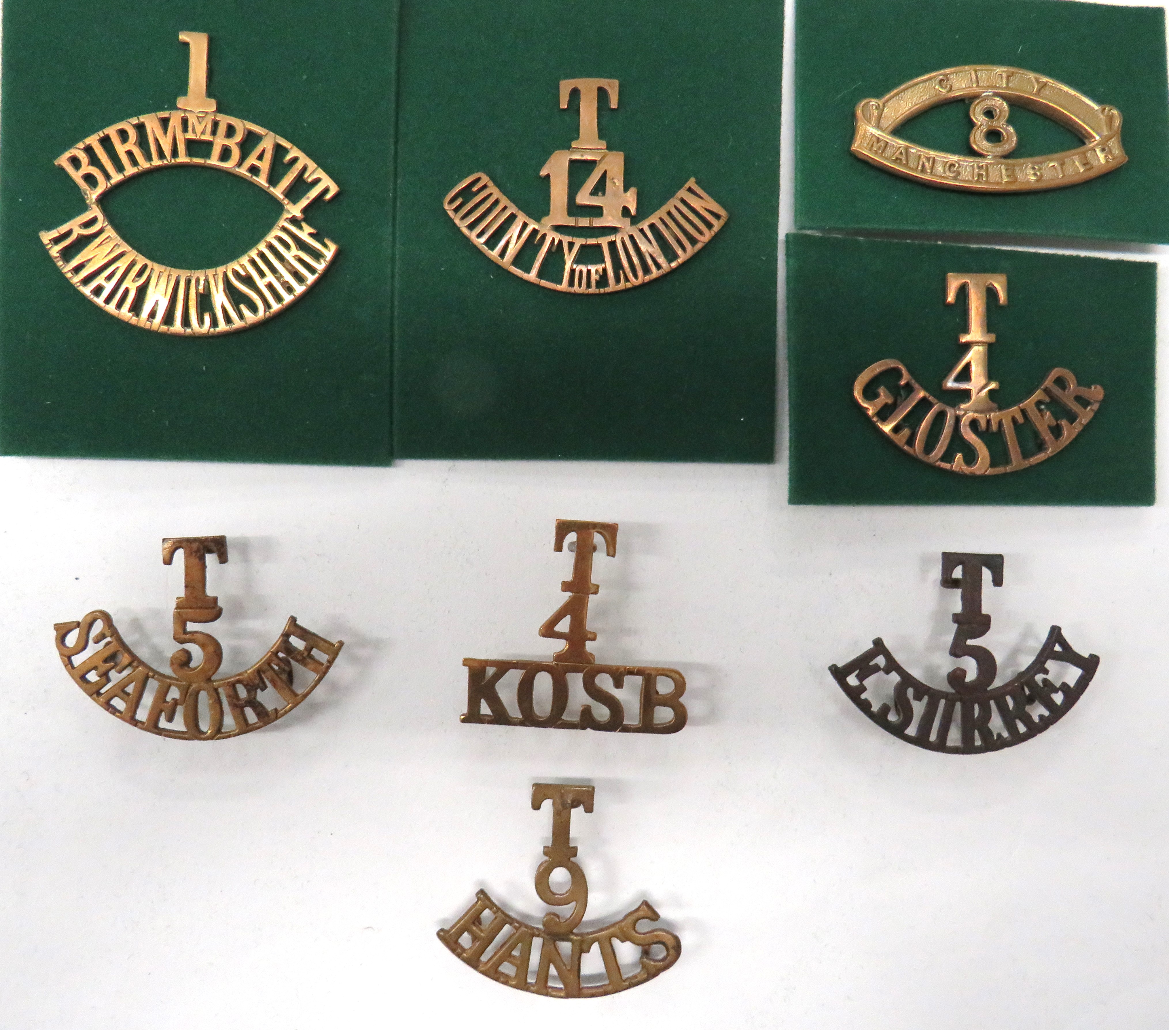 8 x Territorial Shoulder Titles brass titles include 1st Birmm. Batt R. Warwickshire ... 8 City