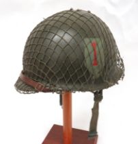WW2 American Pattern 1st Infantry Division Steel Helmet green painted shell with lower rear seam