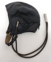 Interwar Burberry's Flying Helmet black chrome leather, four panel crown.  Lower double section with