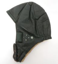 Interwar Period Leather Flying Helmet black leather, six panel helmet.  Roll up, leather ear flaps.