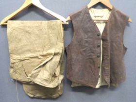 Pair Of WW2 Gas Proofed Over Trousers rubberised khaki linen, wide leg over trousers.  Waist with