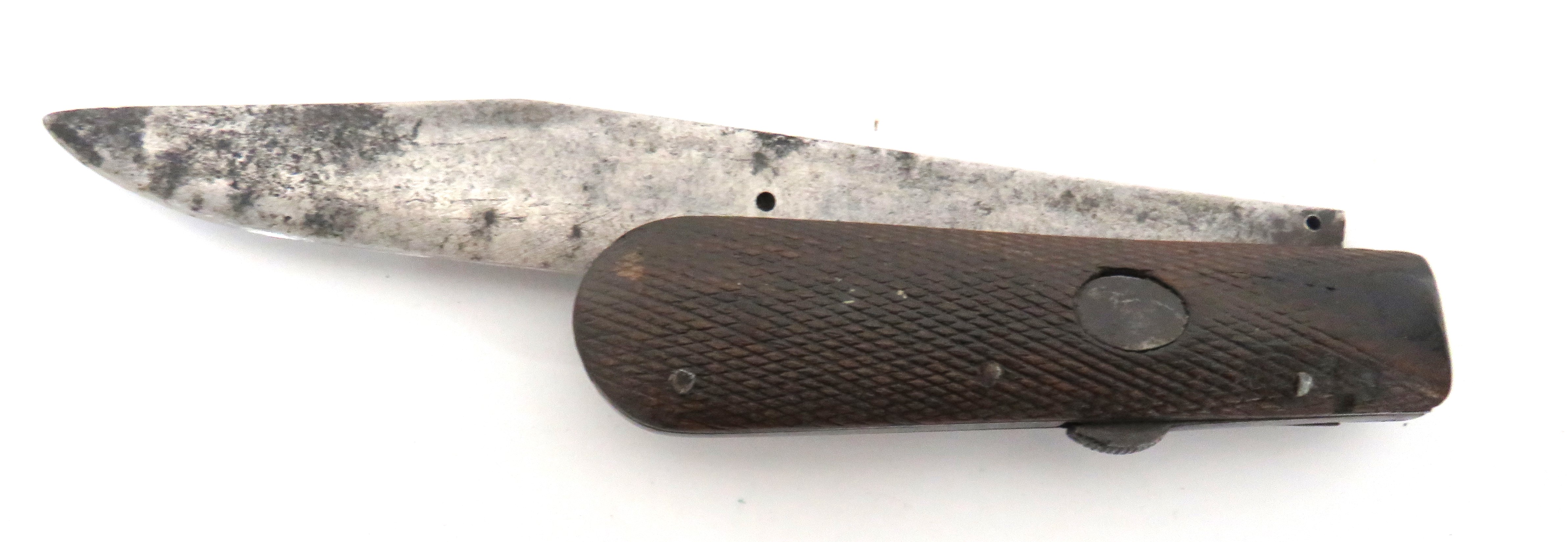 Victorian Folding Blade Knife 8 inch, single edged, clipped point blade.  Checkered wooden slab - Image 2 of 2