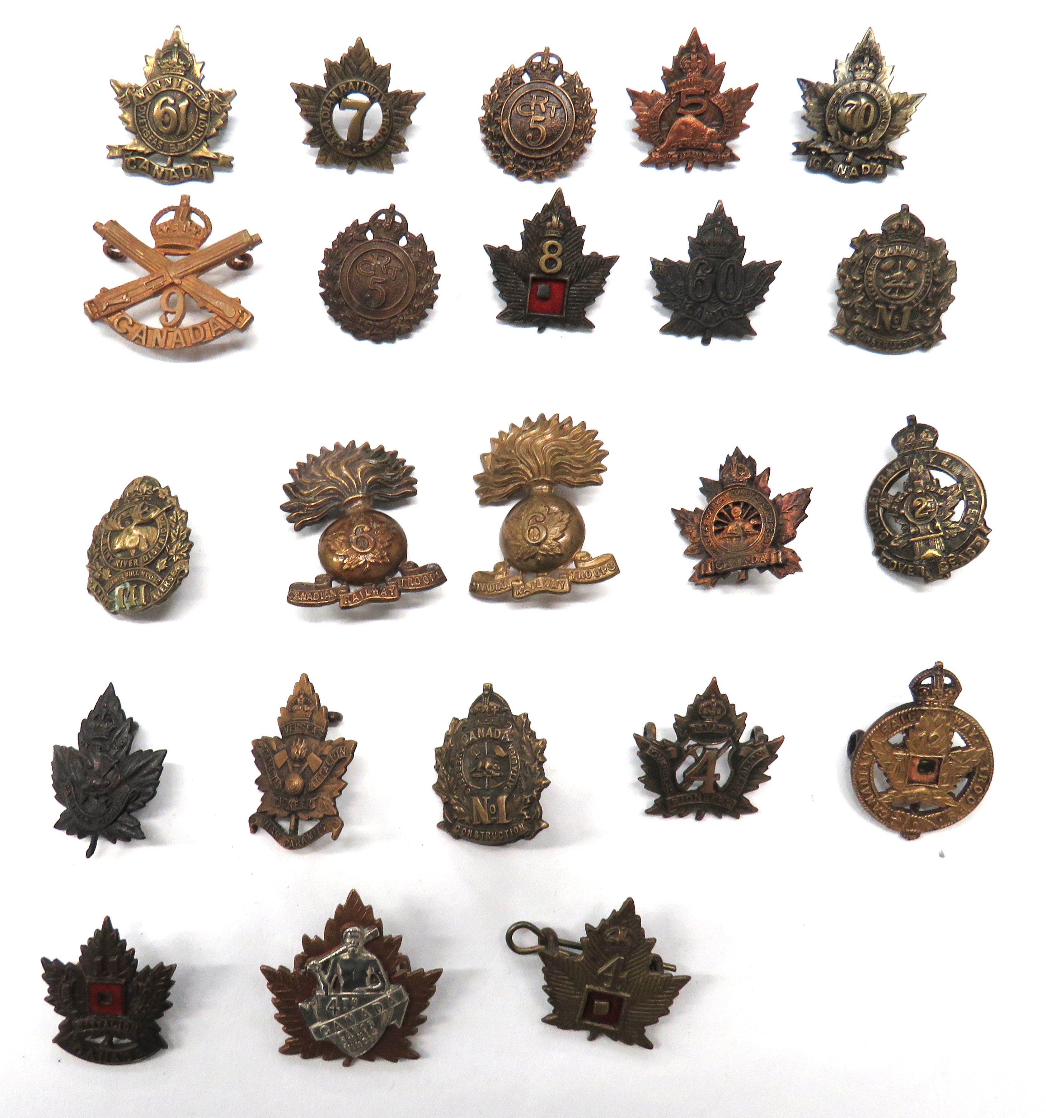 23 x Canadian Overseas Battalion Collar Badges including darkened KC No1 Construction