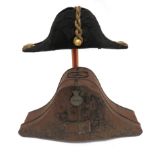 Post 1901 Royal Navy Officer's Bicorn Hat black beaver bicorn.  Black, acorn decorated braid edging.