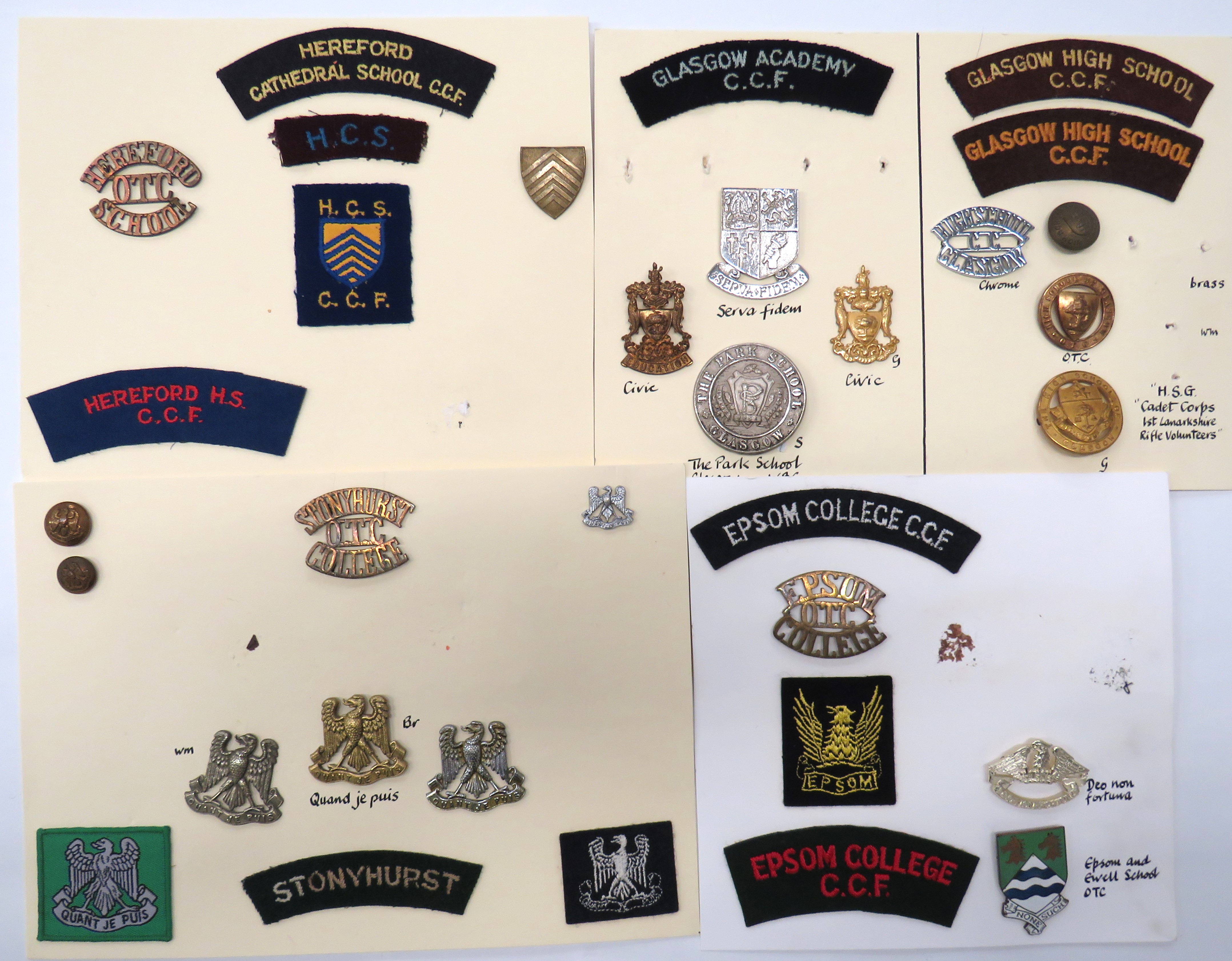 30 x School OTC & CCF Badges And Titles cap badges include brass Stonyhurst College OTC ... White