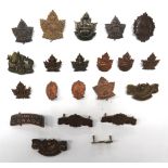 21 x Canadian WW1 Overseas Battalion Cap, Collars And Titles cap badges consist darkened KC 195