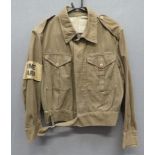 WW2 Dated Home Guard Denim Blouse green denim, single breasted, closed collar, short jacket.