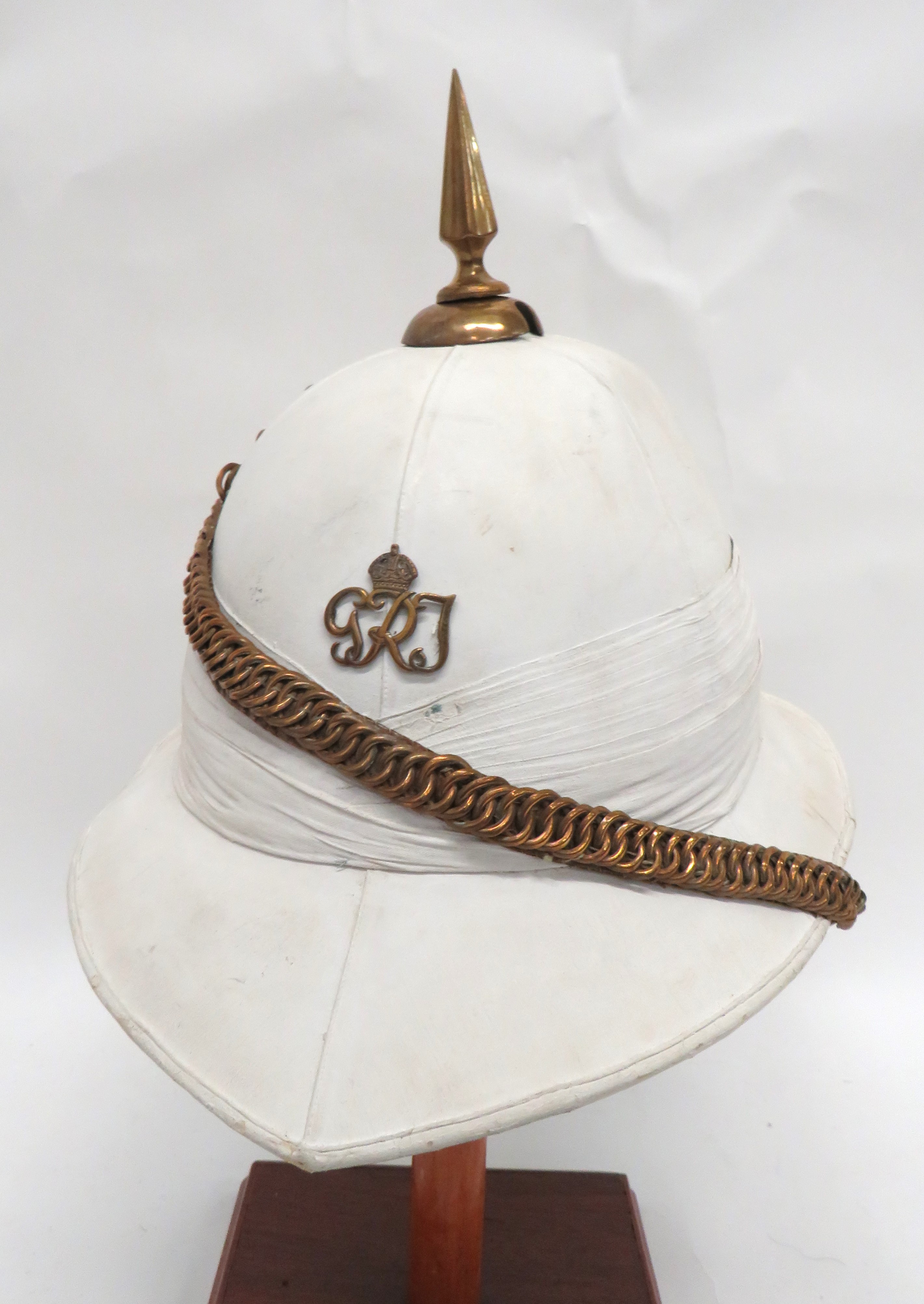 Early 20th Century Indian Solar Topee Pith Helmet white blancoed, six panel crown, pointed front