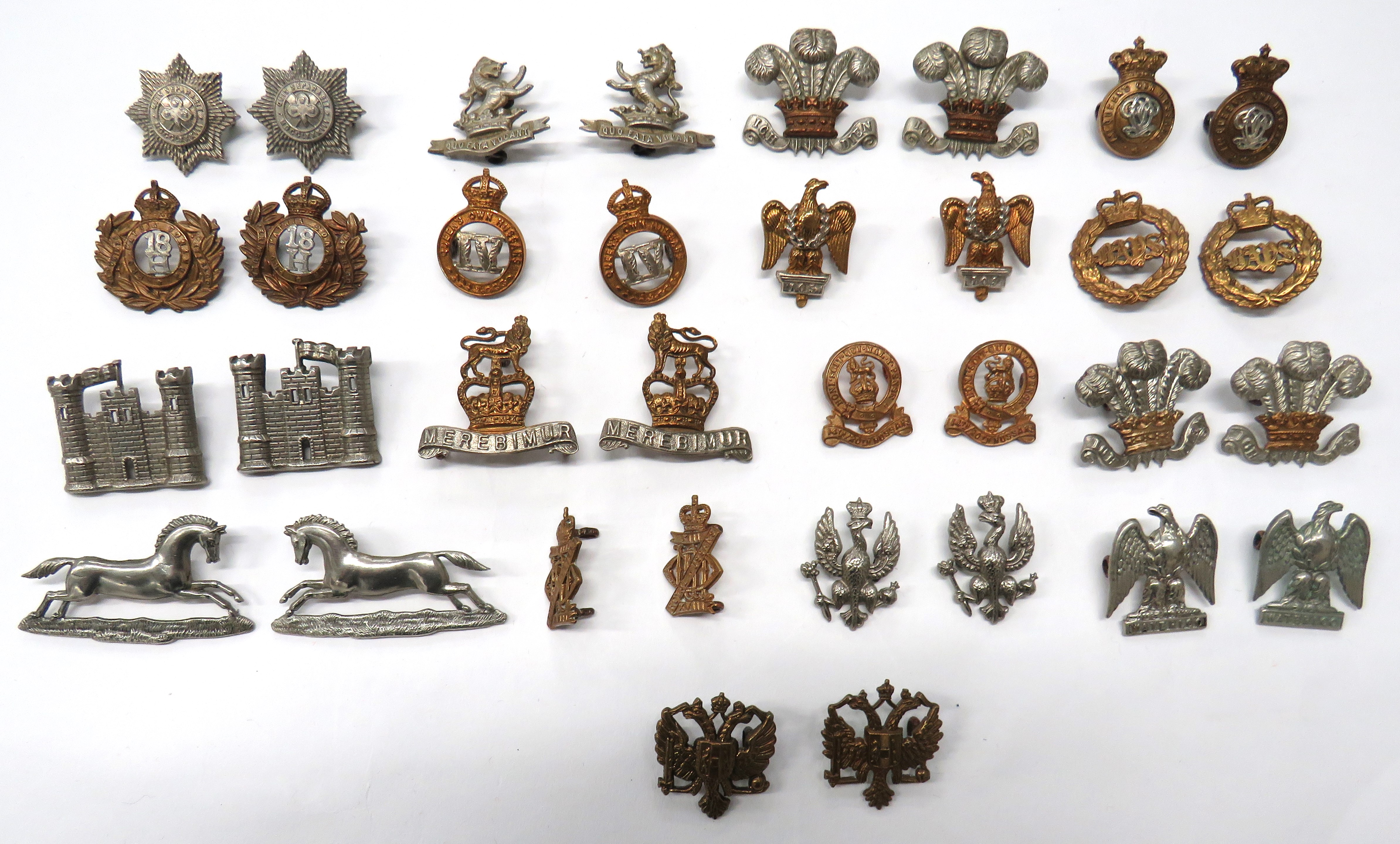 34 x Cavalry Collar Pairs including bi-metal QC 15/19 Hussars ... White metal Inniskilling ... Bi-