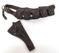 WW1 Open Top Revolver Holster And 1903 Leather Bandolier 1914 pattern, brown leather, open top