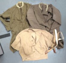 Three Military Shirts consisting 2 x WW2 khaki, collarless, half fastened front, cotton examples.