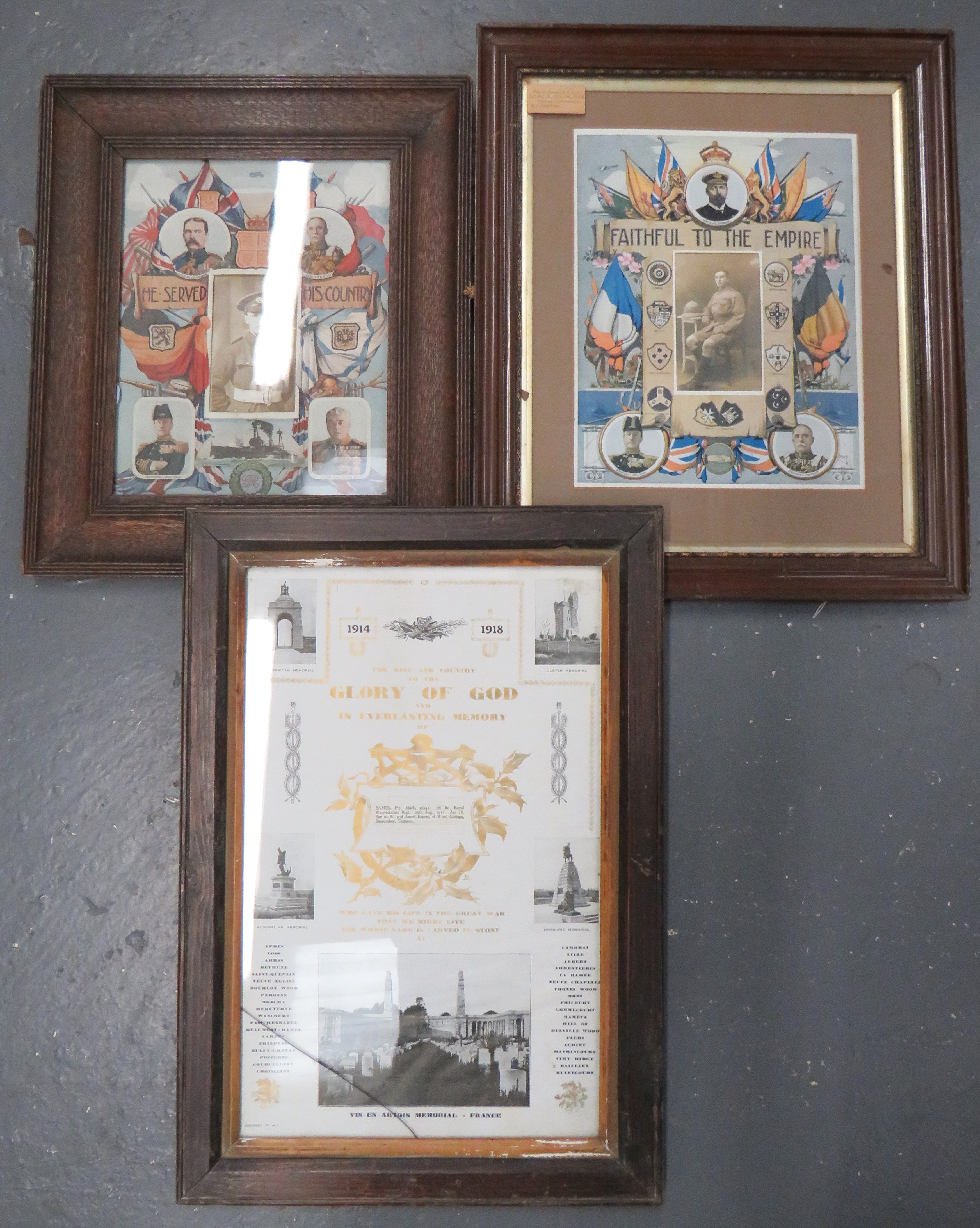 Three WW1 Period Framed Memorial Panels consisting framed Glory Of God printed memorial to "Pte Mark