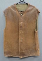 WW2 Dated Leather Jerkin brown leather, multi panel, sleeveless jerkin.  The front fastened by