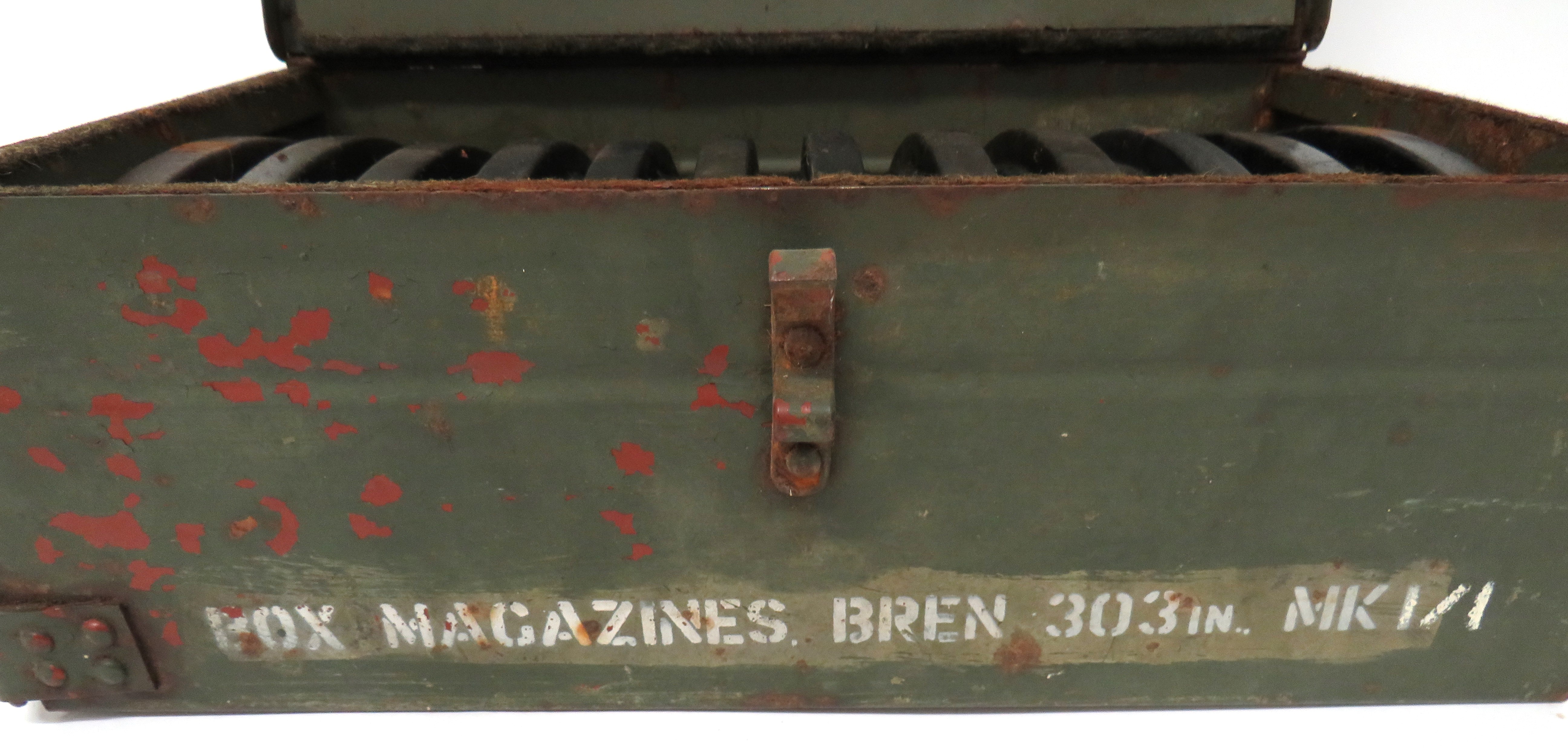 Bren Magazine Box And Contents green painted transit tin.  The front marked 'Box Magazine Bren . - Image 2 of 2