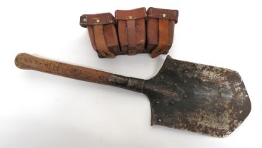 WW1 Triple Ammunition Pouch And Trench Shovel brown leather, triple pouch.  The top flaps secured by