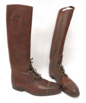 Pair Of WW1 Pattern Officer's High Top Boots brown leather, high top boots.  Top calf tightening